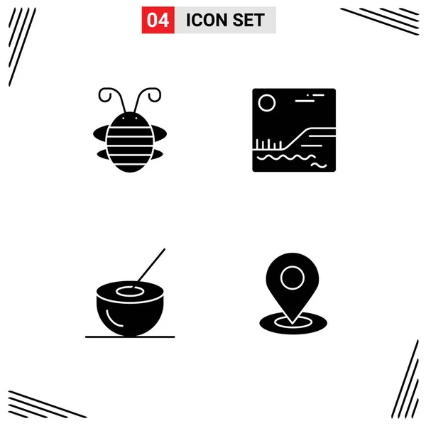 Modern Set Solid Glyphs Pictograph Bee Rovar Kókusz Katicabogár Kép — Stock Vector