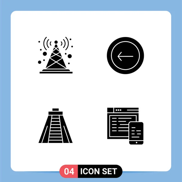 Universal Solid Glyph Signs Symbols Antenna Chichen Itza Tower Back — Stock Vector