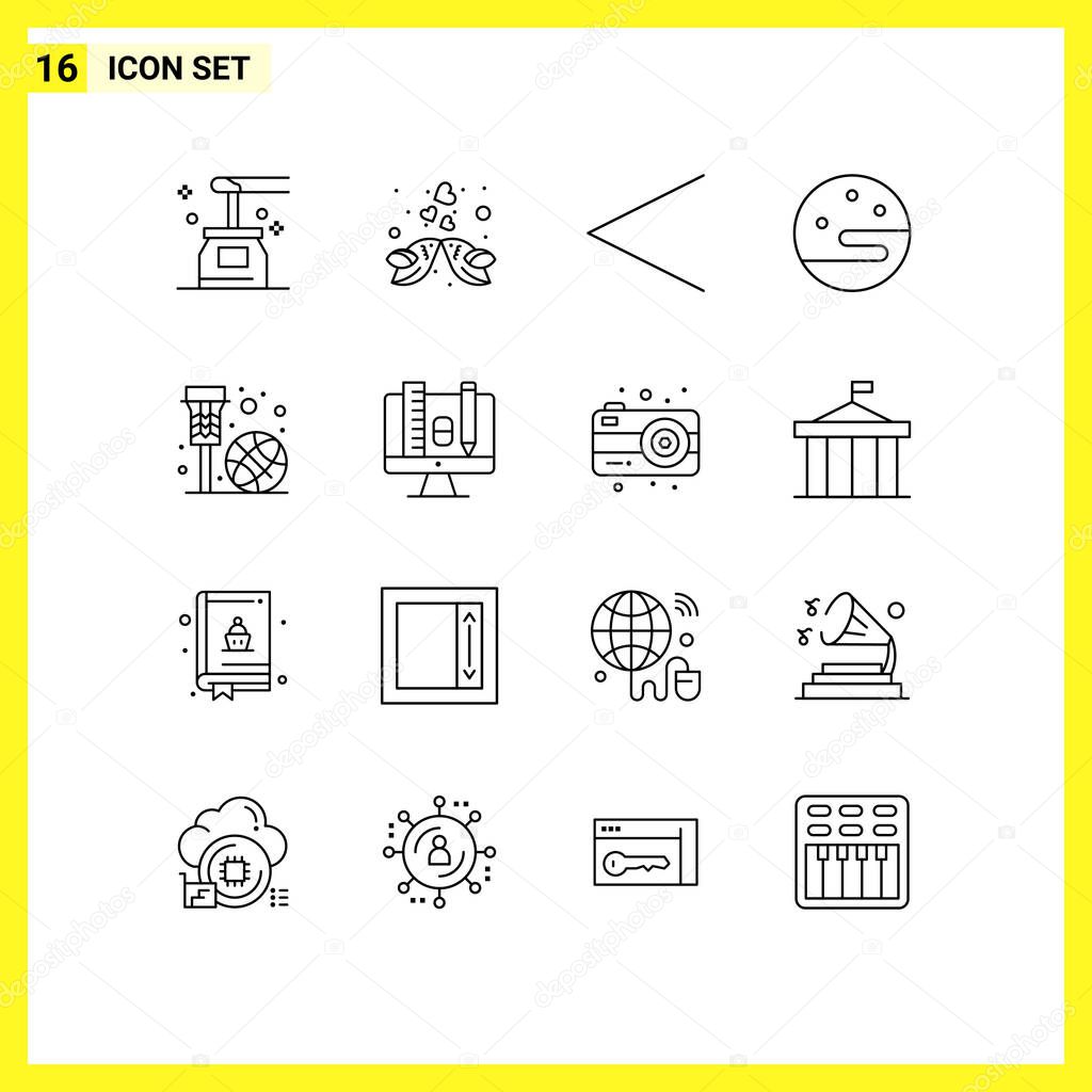 Pack of 16 Modern Outlines Signs and Symbols for Web Print Media such as basketball, weather, love, night, previous Editable Vector Design Elements