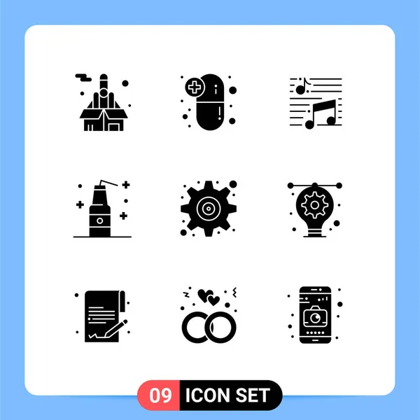 Modern Set Solid Glyphs Pictograph Gear Terrorism Music Bottle Sound — Stock Vector