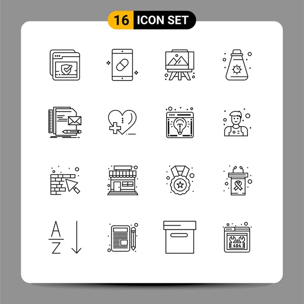 Pictogram Set Van Eenvoudige Contouren Van Bedrijf Camping Pillen Zon — Stockvector