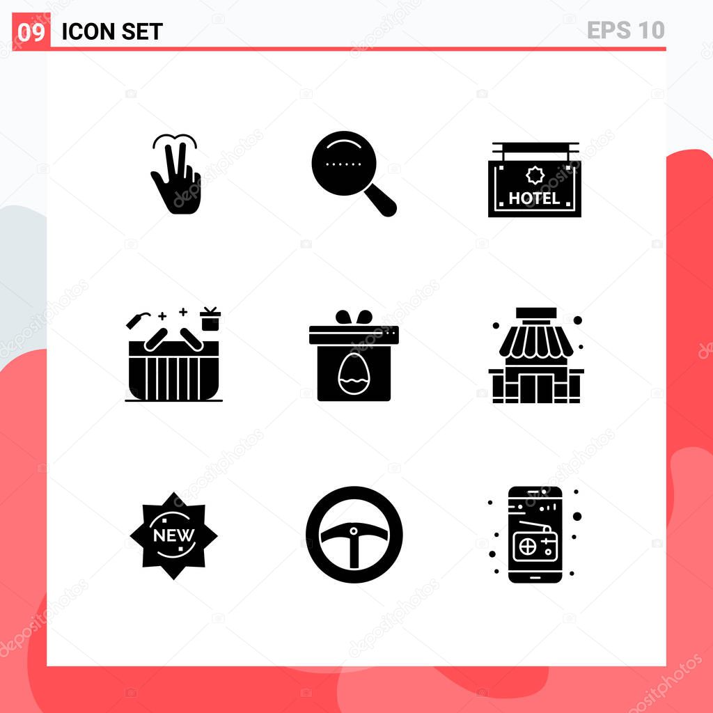 Universal Icon Symbols Group of 9 Modern Solid Glyphs of gift, box, hotel, gift, basket Editable Vector Design Elements