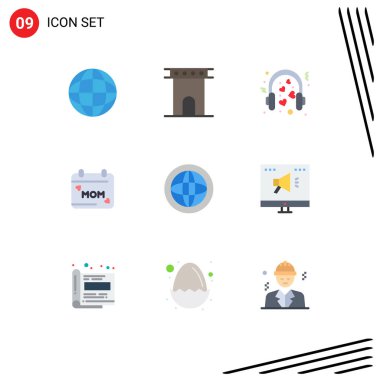 Aşk, gündüz, anıt, takvim, mimik Düzenlenebilir Vektör Tasarım Elemanları için 9 Modern Düz Renk Grubu