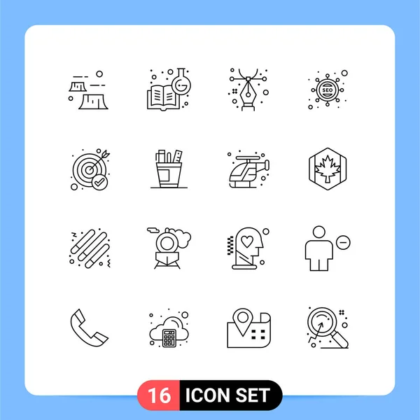 現代的な16の概要と目標 マーケティング 学習化学 Seo マーケティング編集可能なベクトルデザイン要素などのシンボルのセット — ストックベクタ