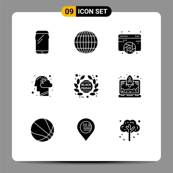 Mobile Interface Solid Glyph Set Pictograms Thinking Human Head Design — Stockový vektor