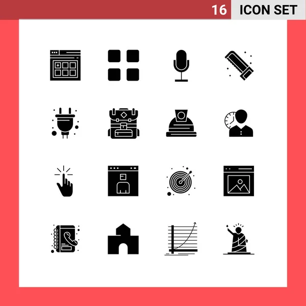 Universal Icon Symbols Grupo Glifos Sólidos Modernos Enchufe Sierra Difusión — Vector de stock