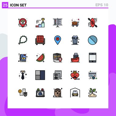 Web ve Mobil Uygulamalar İçin 25 Evrensel Doldurulmuş Çizgi Düzey Renkler Hattı. Misbaha, otel, iş yeri, kano, bagaj tramvayı Düzenlenebilir Vektör Tasarım Elemanları