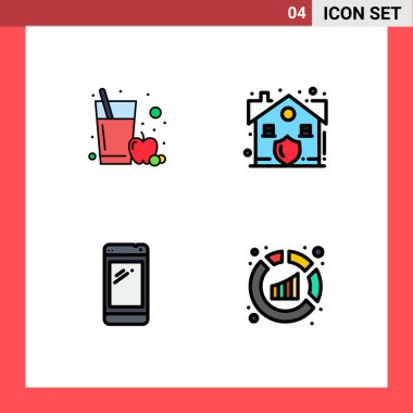 Elma suyu, cep telefonu, emlak, güvenlik, elektrik bankası, düzenlenebilir vektör tasarım elementlerinden oluşan 4 Basit Dosya Çizgisi Düz Renkleri kümesi
