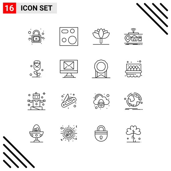 Pictogram Set Simple Outlines Rose Things Flower Gadgets Editable Vector — Stock Vector
