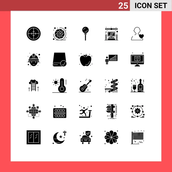现代一套25个实体字形和符号 如用户 镜头孔 棒棒糖编辑向量设计元素 — 图库矢量图片