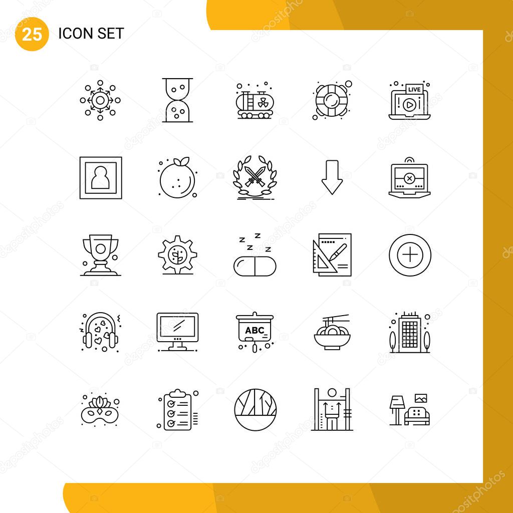 Pack of 25 creative Lines of photo, play, tank, video, safety Editable Vector Design Elements