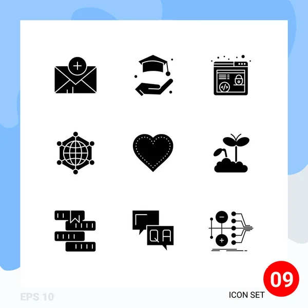 Skupina Solid Glyphs Znamení Symboly Pro Oblíbené Láska Prohlížeč Seo — Stockový vektor