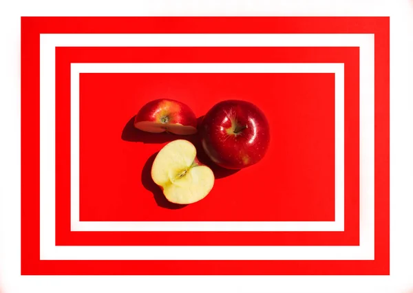 Ripe Beautiful Red Apples Laid Out Red Background Frame Diet — Stock Photo, Image