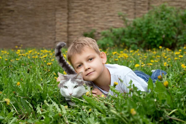 Jongen en kat bent buiten — Stockfoto