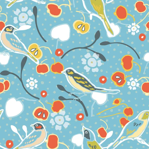 Floral vintage bird pattern, apple tree. — ストックベクタ