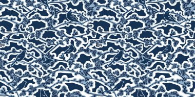 Klasik don mavisi kiraz çiçeği kuş deseni..