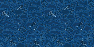 Zarif gece mavisi kiraz çiçeği kuş deseni.