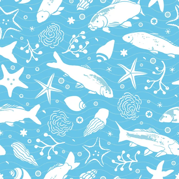 Sealife linocut style fish stripe pattern. — Stock vektor