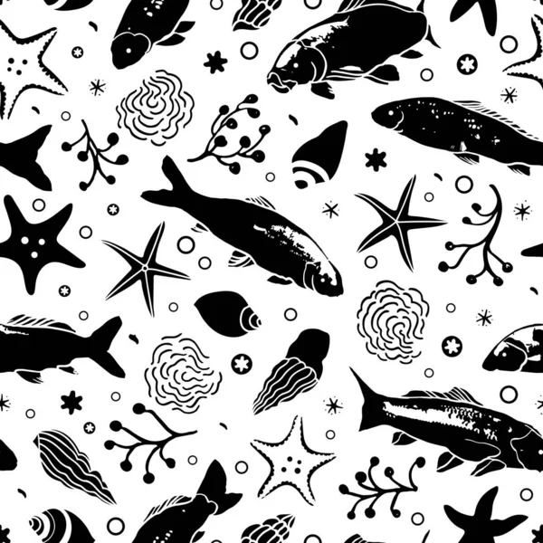 Sealife linocut style nautical pattern. — Stock vektor