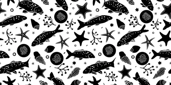 Sealife linocut style pattern with sea creatures. — ストックベクタ