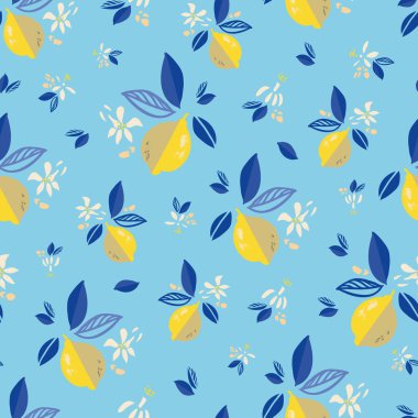 Citrus grafik Akdeniz çiçekli yaz limonu yinelenen desen.