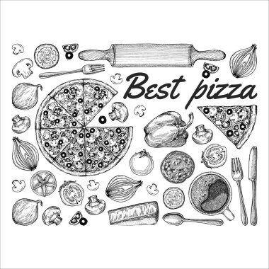 Klasik çizimler, pizza, masa, organik gıda malzemeleri. Elle çizilmiş pizza çizimi. Menü, poster veya etiket için harika.