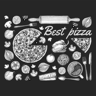 Klasik çizimler, pizza, masa, organik gıda malzemeleri. Elle çizilmiş pizza çizimi. Menü, poster veya etiket için harika.