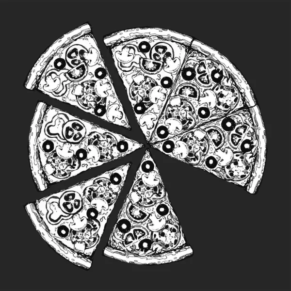 빈티지 그림, 피자, 테이블, 유기농 음식 재료. 손으로 피자 그림을 그렸습니다. 메뉴, 포스터, 레이블에 딱 맞죠. — 스톡 사진