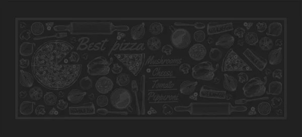 Dessin vintage, pizza, table, ingrédients alimentaires biologiques. Illustration de pizza dessinée main. Idéal pour menu, affiche ou étiquette . — Photo