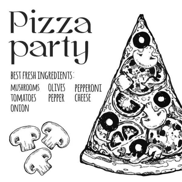 Disegno vintage, pizza, tavola, ingredienti alimentari biologici. Illustrazione pizza disegnata a mano. Ottimo per menu, poster o etichetta . — Foto Stock