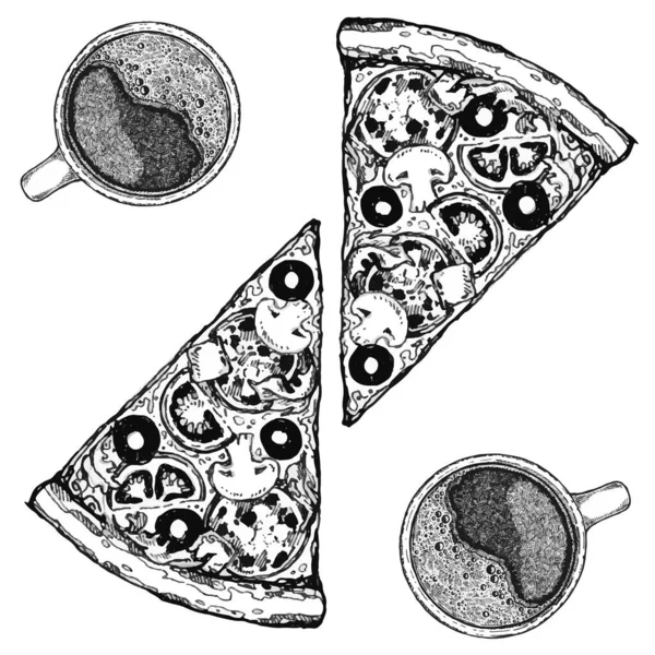 Vintage-Zeichnung, Pizza, Tisch, Bio-Lebensmittel Zutaten. handgezeichnete Pizza-Illustration. ideal für Speisekarte, Poster oder Etikett. — Stockfoto