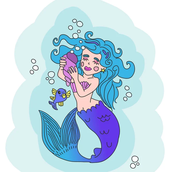 Pequena sereia gira. Menina bonita sereia desenhos animados com cabelo rosa, design de caráter, isolado no fundo branco. Ilustração vetorial . — Vetor de Stock