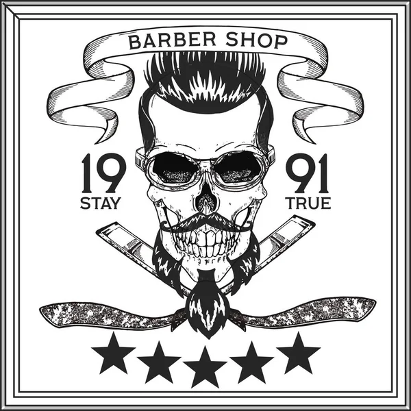 Vintage, Hipster Totenkopf Barbershop Logo im alten Stil, Vektor. — Stockvektor