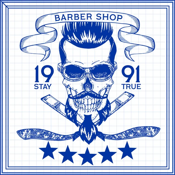 Vintage, Hipster Totenkopf Barbershop Logo im alten Stil, Vektor. — Stockvektor