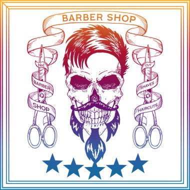 Vektör çizimi. Antika, hippi kafatası berber logosu eski, neon tarzı..