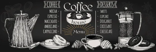 Vetor de brochura de restaurante de café, design de menu de café. Modelo de café vetorial com gráfico desenhado à mão. Folheto de café . — Vetor de Stock