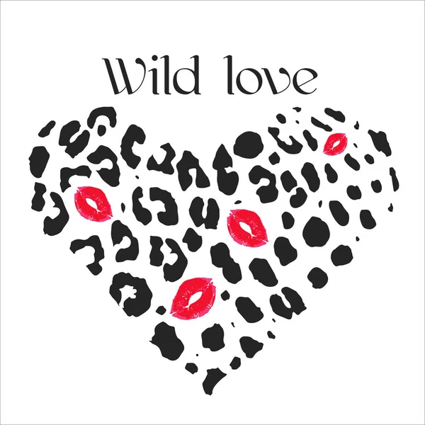 Animal pattern for textile design Vector illustration in heart form with Lips Kiss. Wild love. — ストックベクタ