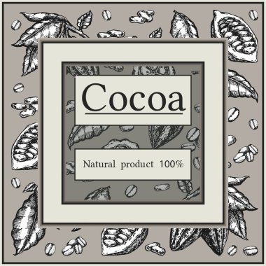 Kakao fasulyesi ağacı tasarım şablonu. İşlenmiş stil çizimi. Çikolatalı kakao çekirdeği. Vektör illüstrasyonu.