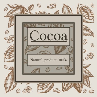 Kakao fasulyesi ağacı tasarım şablonu. İşlenmiş stil çizimi. Çikolatalı kakao çekirdeği. Vektör illüstrasyonu.