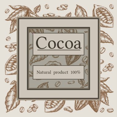 Kakao fasulyesi ağacı tasarım şablonu. İşlenmiş stil çizimi. Çikolatalı kakao çekirdeği. Vektör illüstrasyonu.