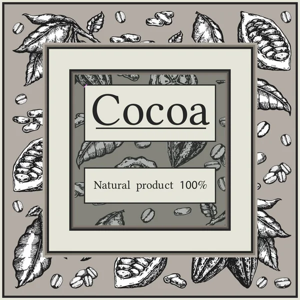 Kakao fasulyesi ağacı tasarım şablonu. İşlenmiş stil çizimi. Çikolatalı kakao çekirdeği. Vektör illüstrasyonu.