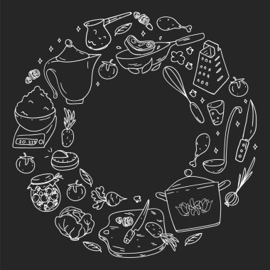 Tebeşirle çizilmiş karatahta desen, gastronomi ikonları, vektör mutfağı ve fast food kafe parlak arka plan menü, makbuzlar.