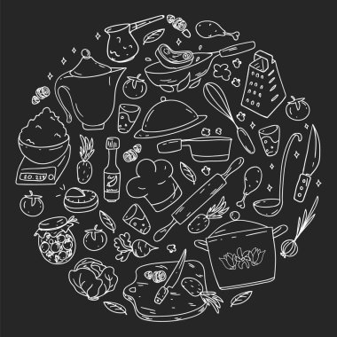 Tebeşirle çizilmiş karatahta desen, gastronomi ikonları, vektör mutfağı ve fast food kafe parlak arka plan menü, makbuzlar.
