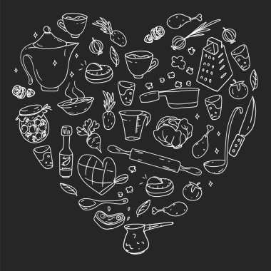 Tebeşirle çizilmiş karatahta desen, gastronomi ikonları, vektör mutfağı ve fast food kafe parlak arka plan menü, makbuzlar.