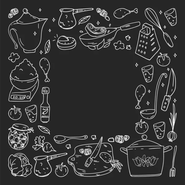 Padrão em quadro-negro desenhado em giz, com ícones de gastronomia, cozinha vetorial e fast food café fundo brilhante para menu, recibos . —  Vetores de Stock