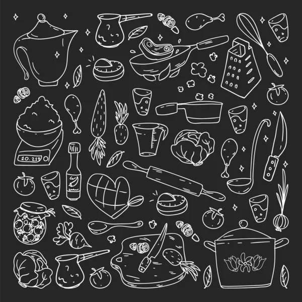 Pattern on blackboard drawn in chalk, with gastronomy icons, vector cuisine and fast food cafe bright background for menu, receipts. — Stock Vector