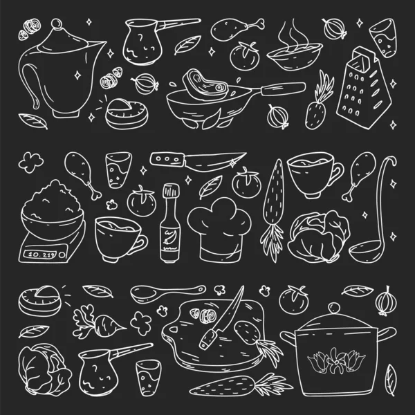 Patrón en pizarra dibujado en tiza, con iconos de la gastronomía, cocina vectorial y café de comida rápida fondo brillante para el menú, recibos . — Vector de stock