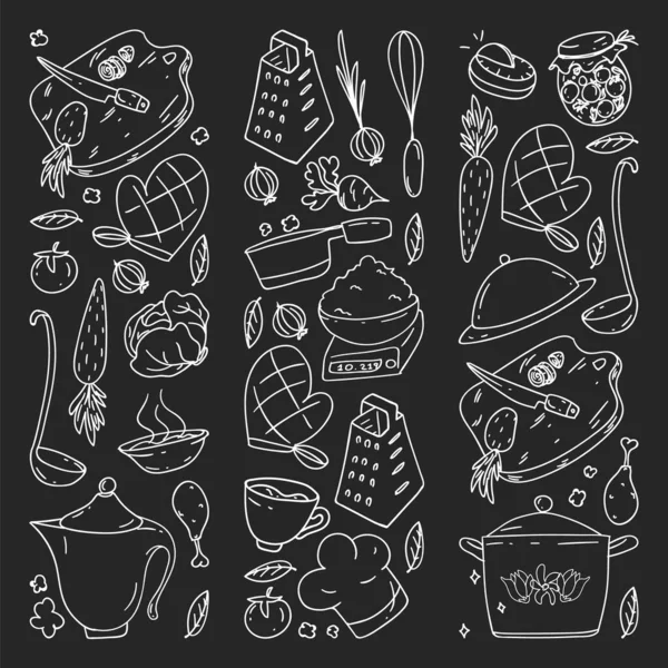 Patrón en pizarra dibujado en tiza, con iconos de la gastronomía, cocina vectorial y café de comida rápida fondo brillante para el menú, recibos . — Archivo Imágenes Vectoriales