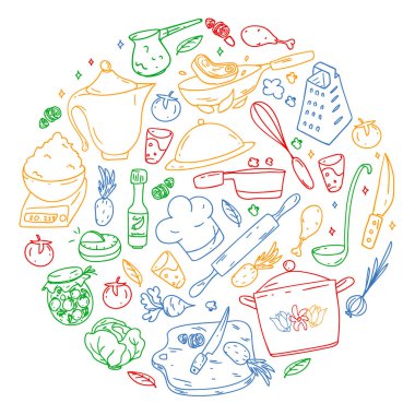 Renkli desen boya kalemleri, gastronomi simgeleri, vektör mutfağı ve fast food kafe parlak menü için fişler tarafından çizilmiş..