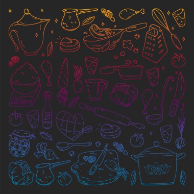 Tebeşirle çizilmiş karatahta gradyan deseni, gastronomi simgeleri, vektör mutfağı ve fast food kafe parlak menü için arka plan, makbuzlar.